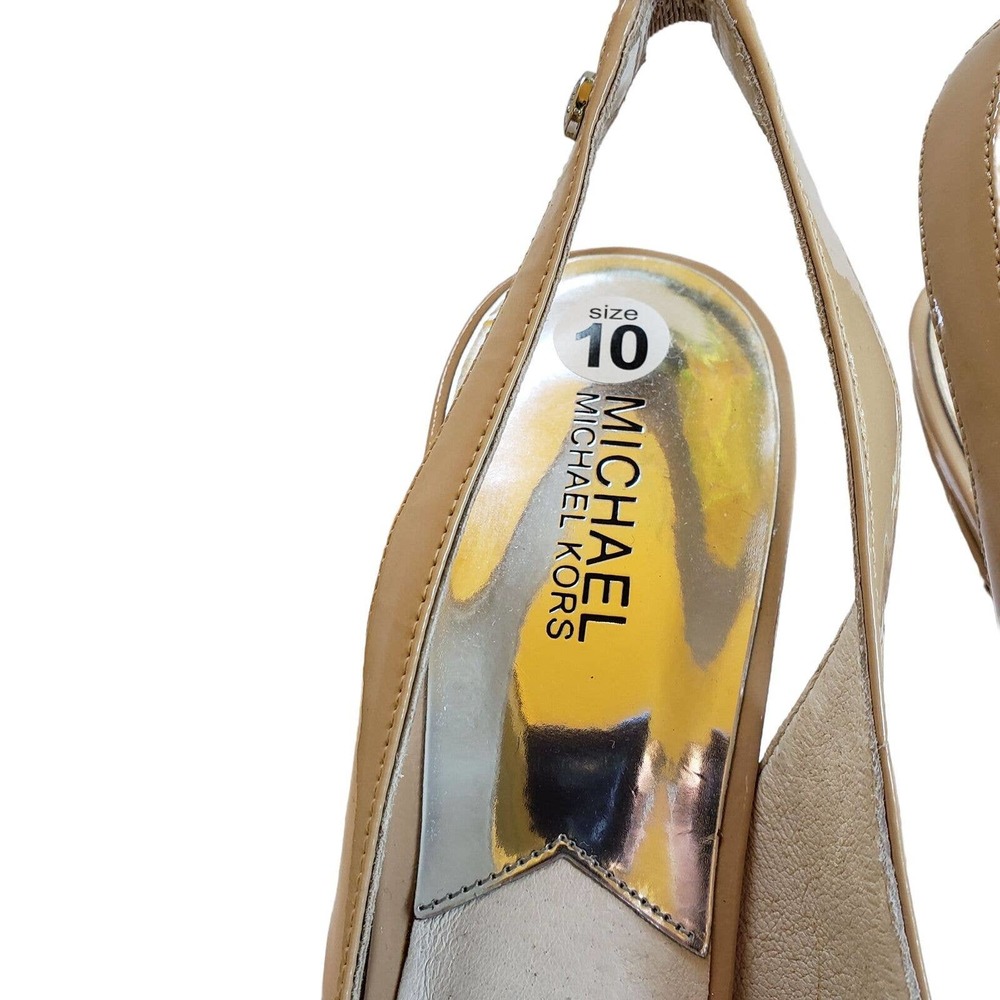 Michael Michael Kors Slingback Platform Pump 10 Women Tan Patent Leather Peeptoe - Picture 11 of 12